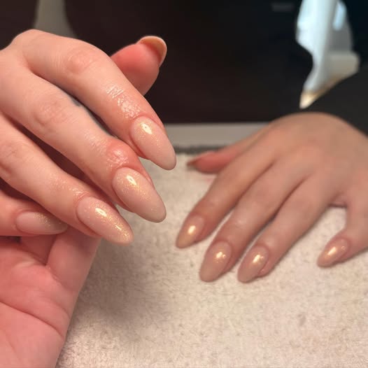 A finished set of soft pink, shimmering nails shared by Snooti A Gouti